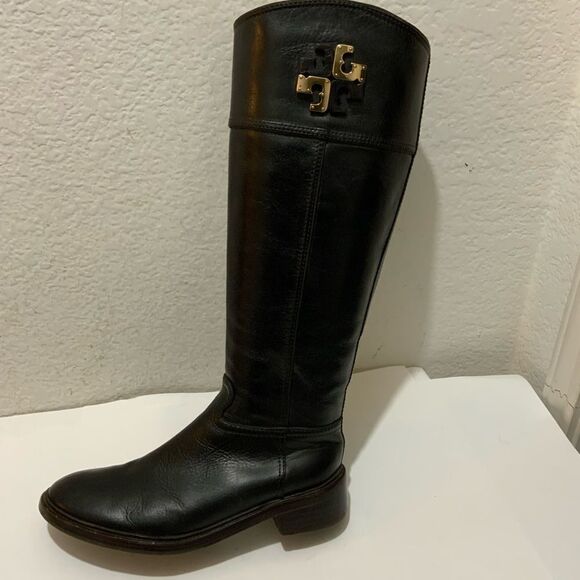 Tory Burch Lowell 2 Logo Brown  Leather Knee High Riding Boot 7 M Excellent - Picture 2 of 15